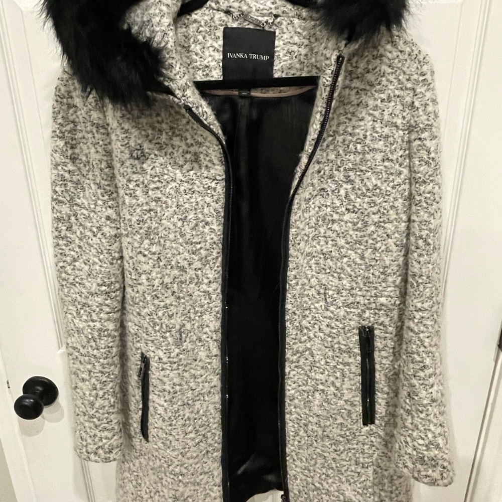 Ivanka Trump Women's Gray Teddy Jacket with Black Fur Trim